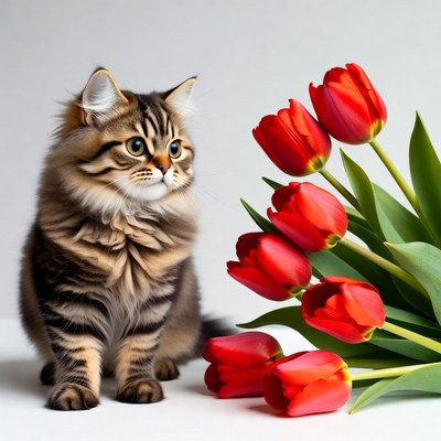 Cat sitting beside red tulips