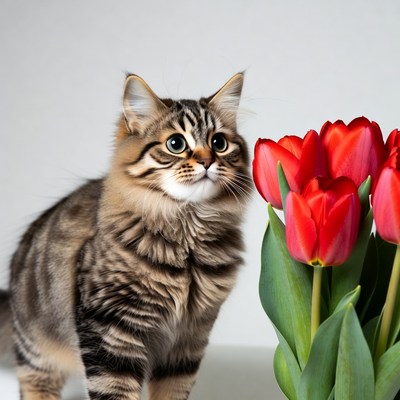 Cat and tulips in a bright room