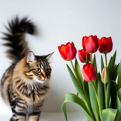 Cat and red tulips in sunlight