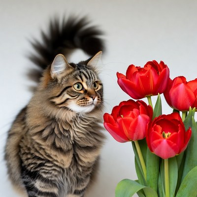 Cat observes red tulips in a room