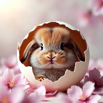 Rabbit emerging from egg with flowers