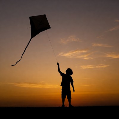 Child flying a kite at sunset