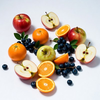 Fresh fruits on a white surface
