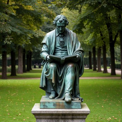 Statue reading book in park setting