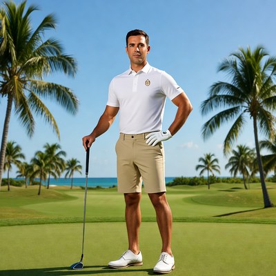 Golfer on green with palm trees