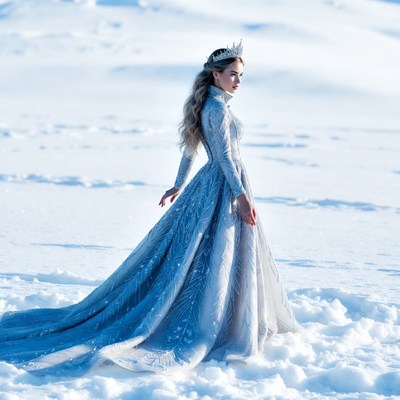Woman in dress walking on snow