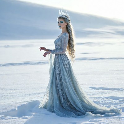 Frozen figure in snowy landscape