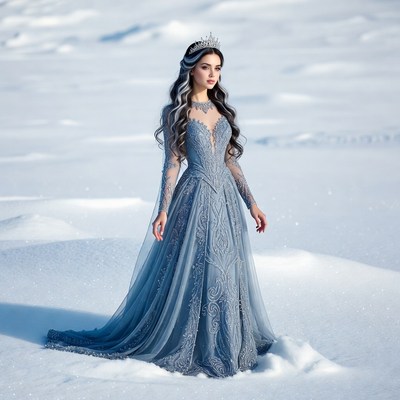 Frozen landscape with a woman in blue gown