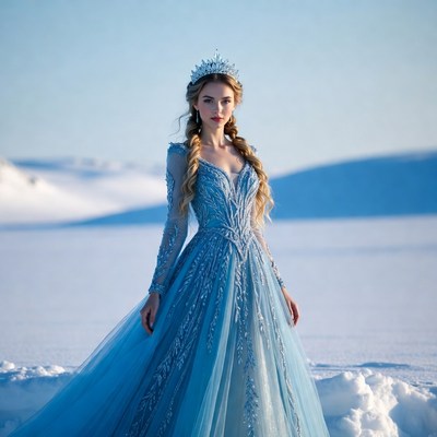 Woman in blue dress in snowy landscape