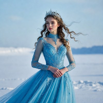 Woman in blue dress on snowy landscape