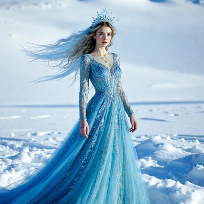 Woman in blue dress in snowy landscape