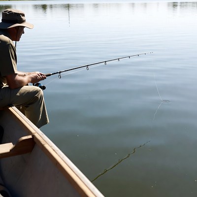Man fishing by the lake in sunny weather