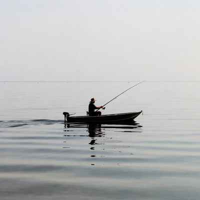 Fishing from a small boat on a calm lake