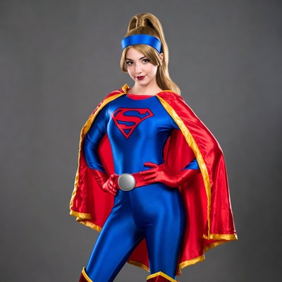Superhero in blue costume with red cape