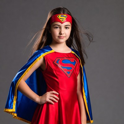 Girl in superhero costume poses for photo