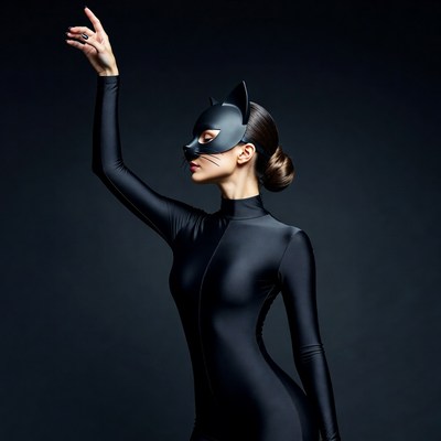 Model in black costume holding hand up