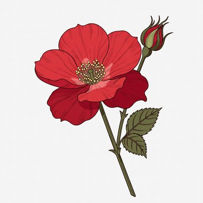 Red flower with bud and leaves