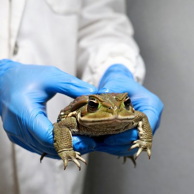 Person holding large toad in gloves