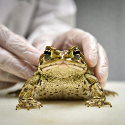 Close-up of a toad during examination