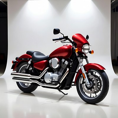 Red motorcycle on display in studio