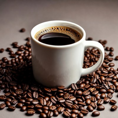 Coffee cup surrounded by coffee beans