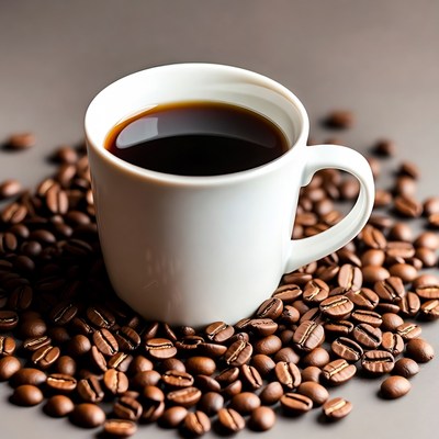 Coffee cup and roasted beans on table