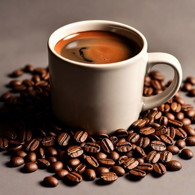 Coffee cup on coffee beans