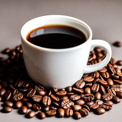 Coffee cup with beans surrounding it