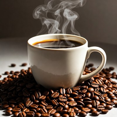 Hot coffee and roasted beans display