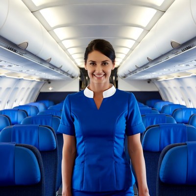 Flight attendant on airplane aisle