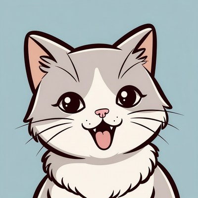 Happy cat with big eyes and smiling mouth