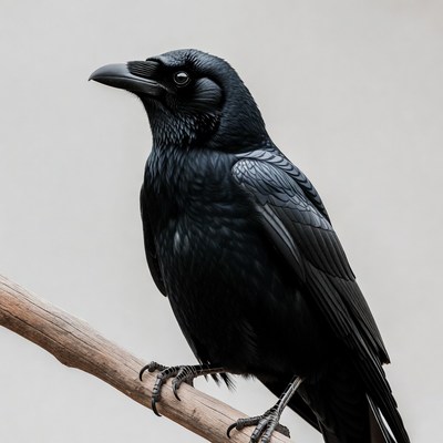 Raven perched on branch against neutral background