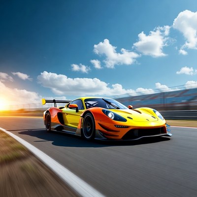Sports car racing on track in bright sunlight
