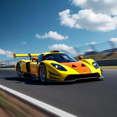 Bright yellow racing car speeds on track