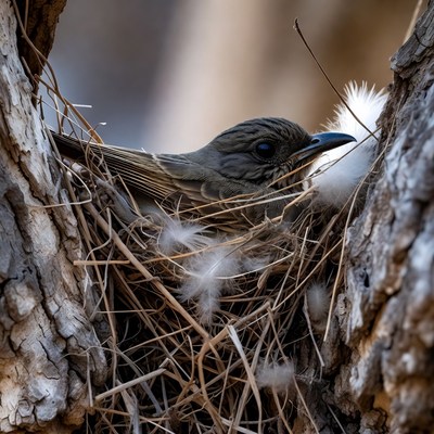 Bird nesting in tree branch