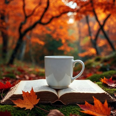 Cup on book in autumn forest