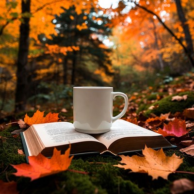 Cup and book in autumn forest