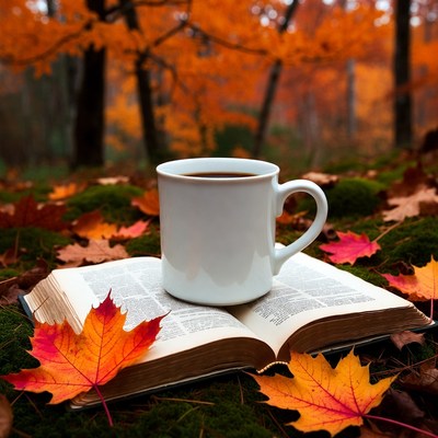 Coffee and book in autumn leaves