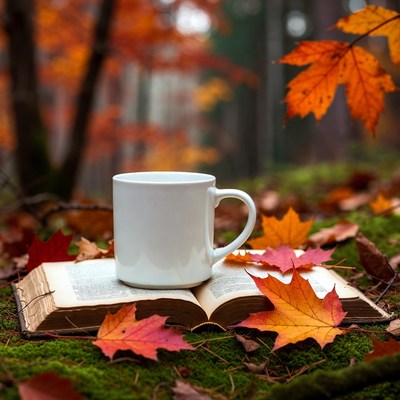Cup and book in autumn leaves