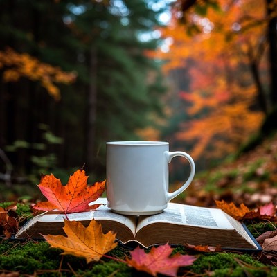 Cup and book in autumn forest scene