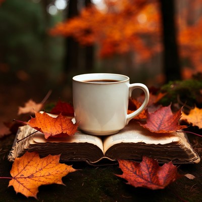 Warm drink on open book in fall