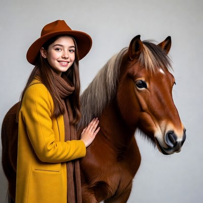 Girl poses with horse in studio