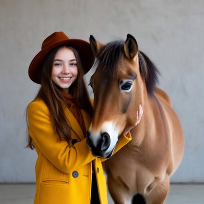 Girl poses with horse indoors