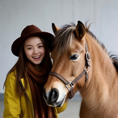 Young girl with brown horse indoors