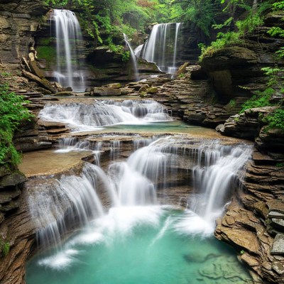 Waterfalls flow through rocky landscape in summer