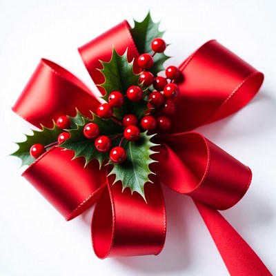 Red ribbon with holly decoration for holidays