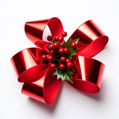 Red ribbon bow with berries and leaves
