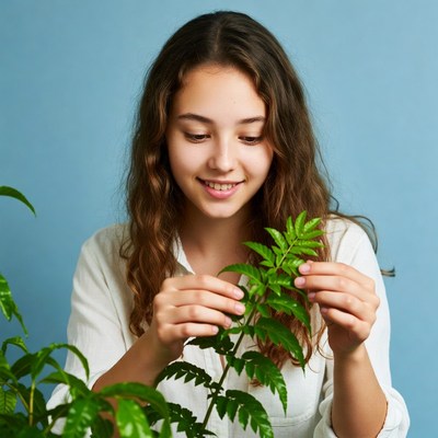 Girl caring for plant indoors