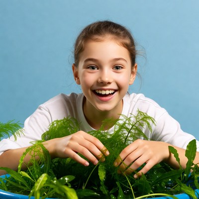 Girl smiling with green plants indoors
