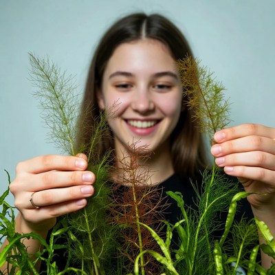 Girl holding green plants indoors